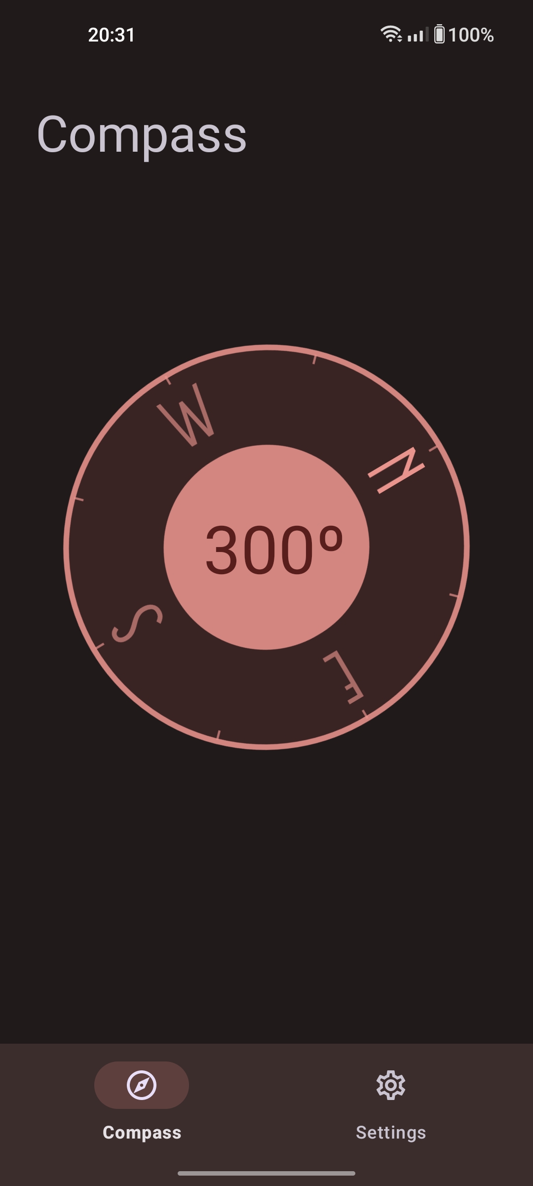 An image capture of the main part of the app showing the compass.